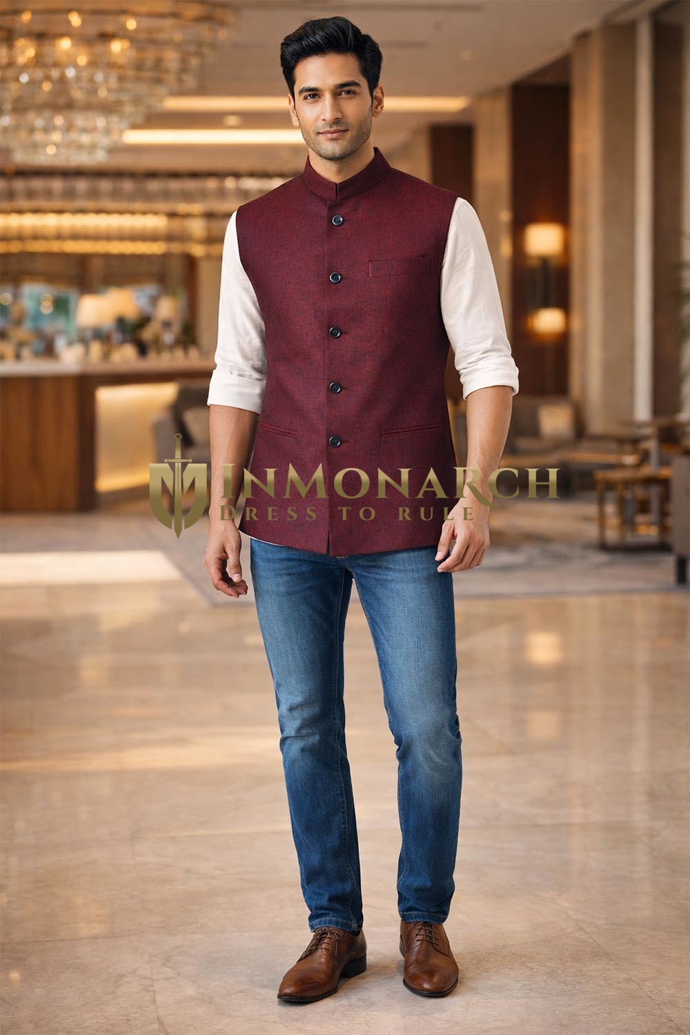 Mens Maroon Nehru Vest Wedding Designer Waistcoat Formal Wear Tailored Set