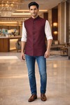 Mens Maroon Nehru Vest Wedding Designer Waistcoat Formal Wear Tailored Set