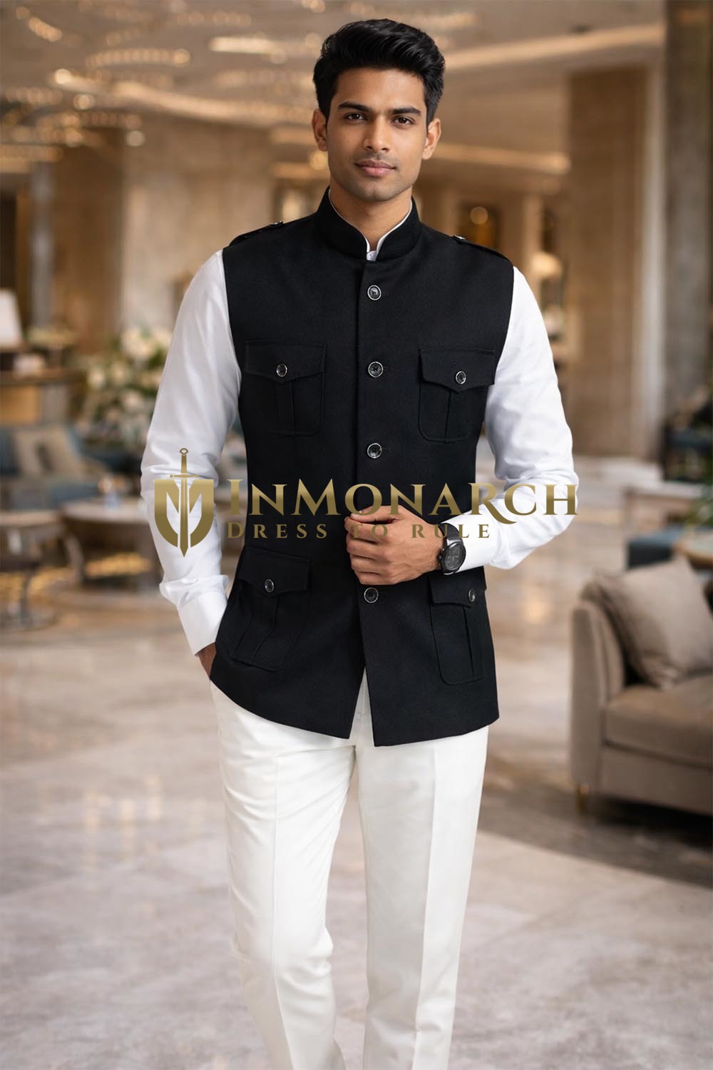 Elegante Nehru Weste Safari Schwarz