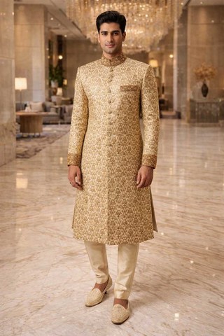 Sherwani doré jaune col Nehru