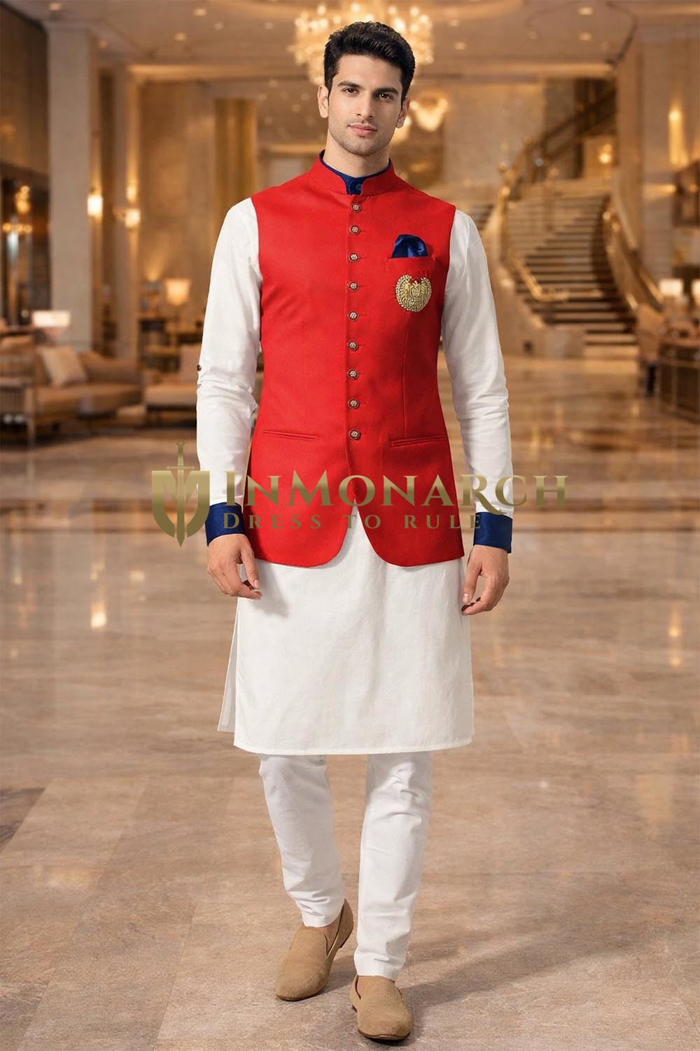 Chaleco Nehru Rojo Hombre Bordado