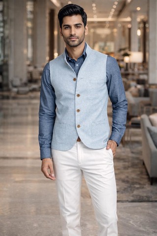 Herren Nehru Weste Leinen Himmelblau