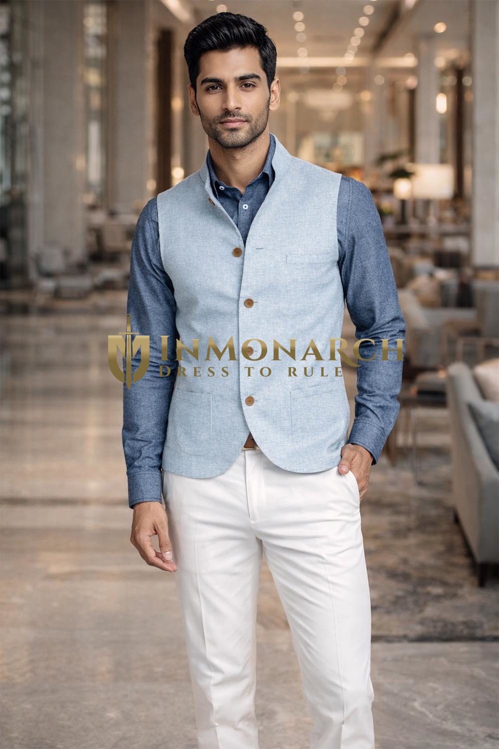 Gilet Nehru lin bleu ciel homme