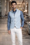 Gilet Nehru lin bleu ciel homme