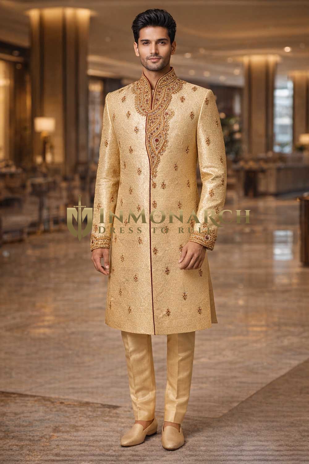 Mens Light Yellow Indo Western Outfit Angarakha Wedding 2 Pc Trouser Set