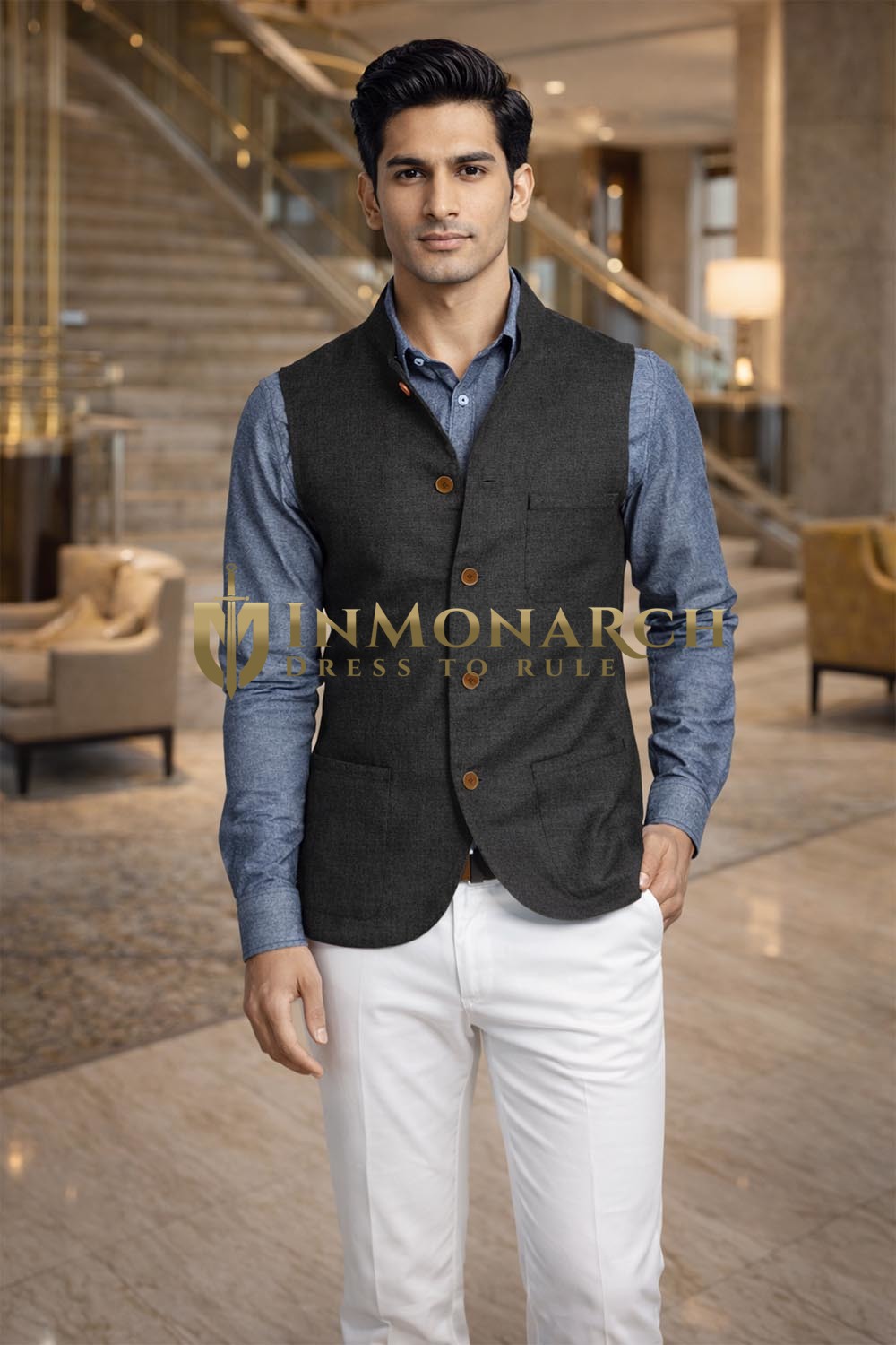 Mens Black Linen Nehru Vest Waistcoat Summer Beach Wedding Outfit Set