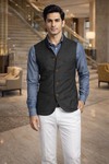 Mens Black Linen Nehru Vest Waistcoat Summer Beach Wedding Outfit Set