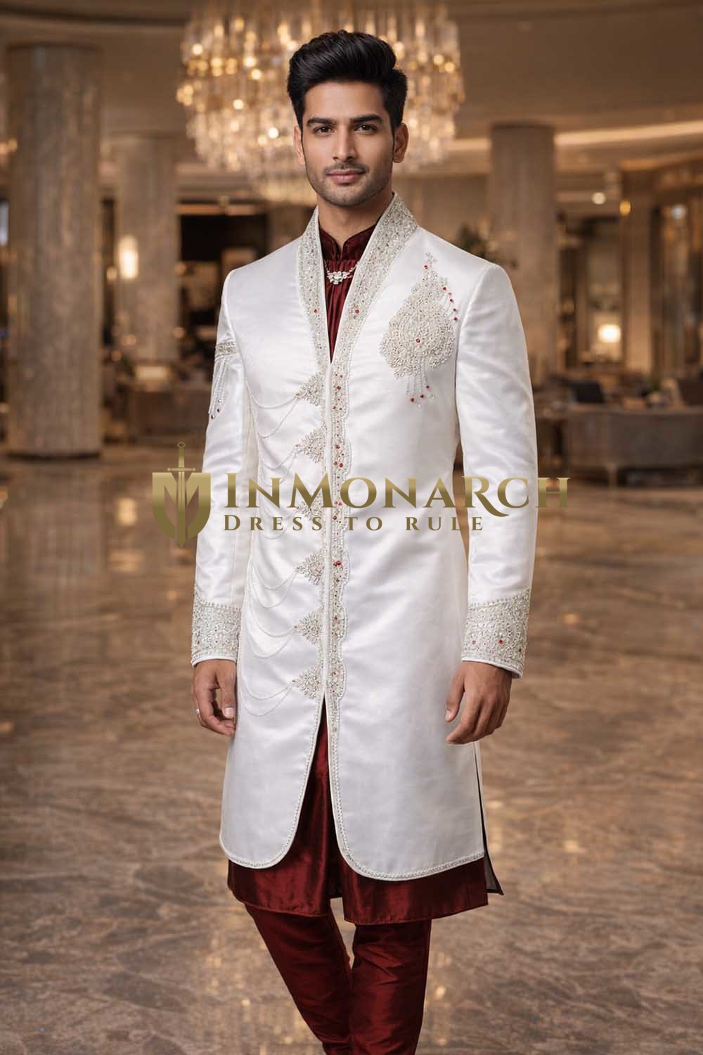 Mens Cream Indo Western Outfit High Neck Wedding 4 Pc Churidar Set Style