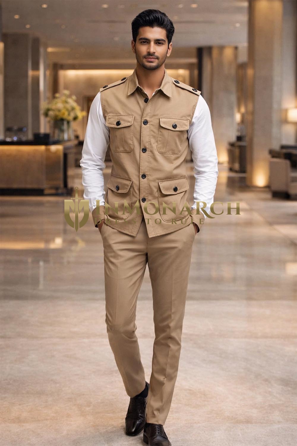 Mens Khaki Safari Nehru Vest Waistcoat Casual Travel Utility Outfit Set