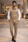 Mens Khaki Safari Nehru Vest Waistcoat Casual Travel Utility Outfit Set