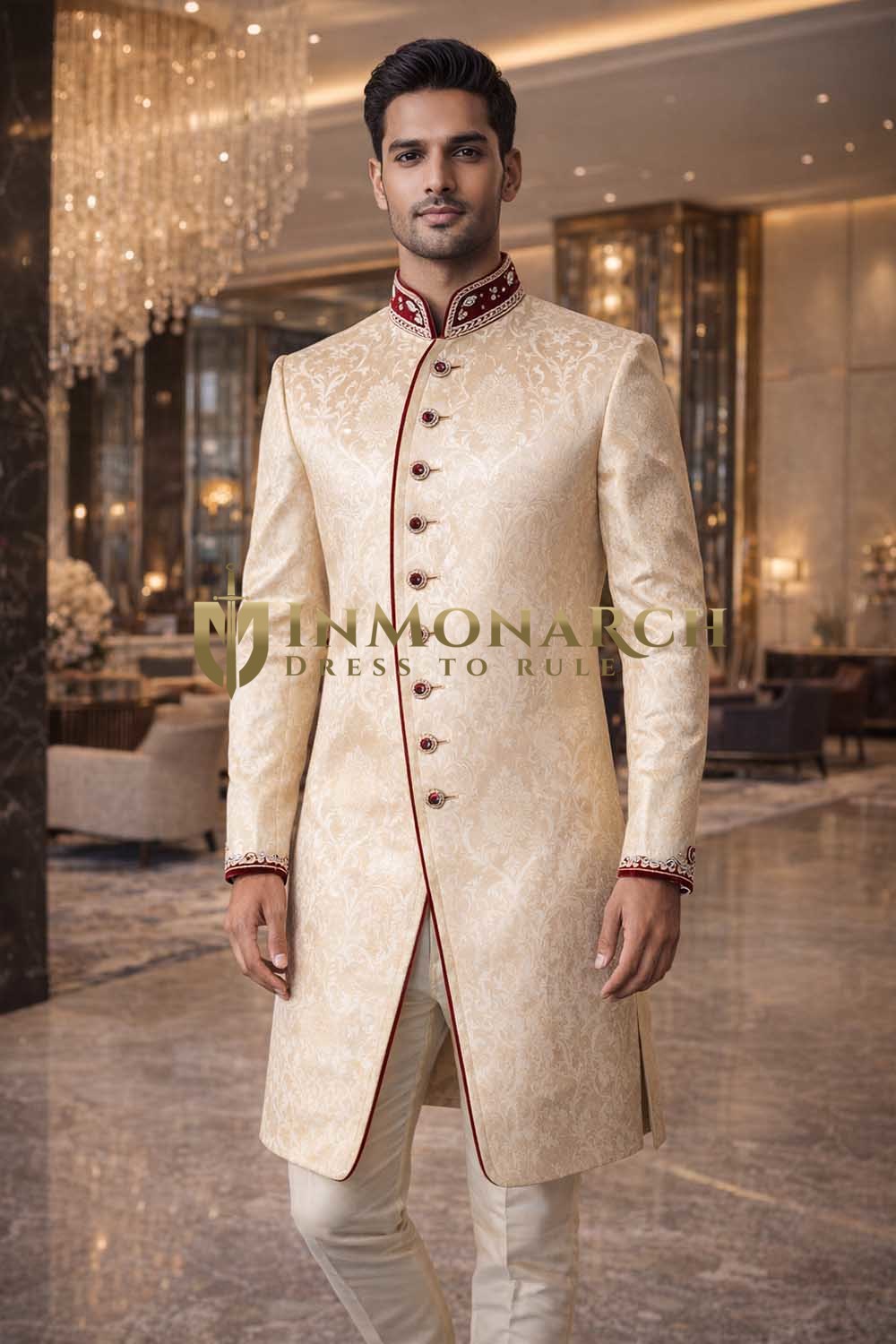 Mens Beige Indo Western Outfit Sherwani Style Wedding 2 Pc Churidar Set