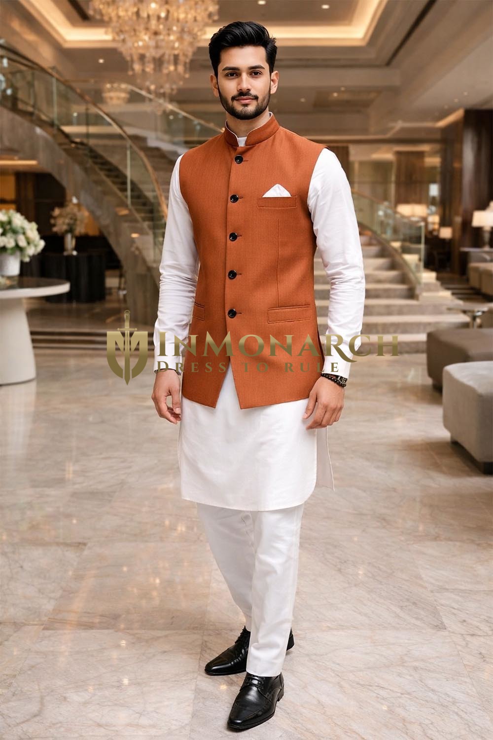 Mens Copper Nehru Vest Waistcoat 1 Pc Wedding Formal Ethnic Outfit Style