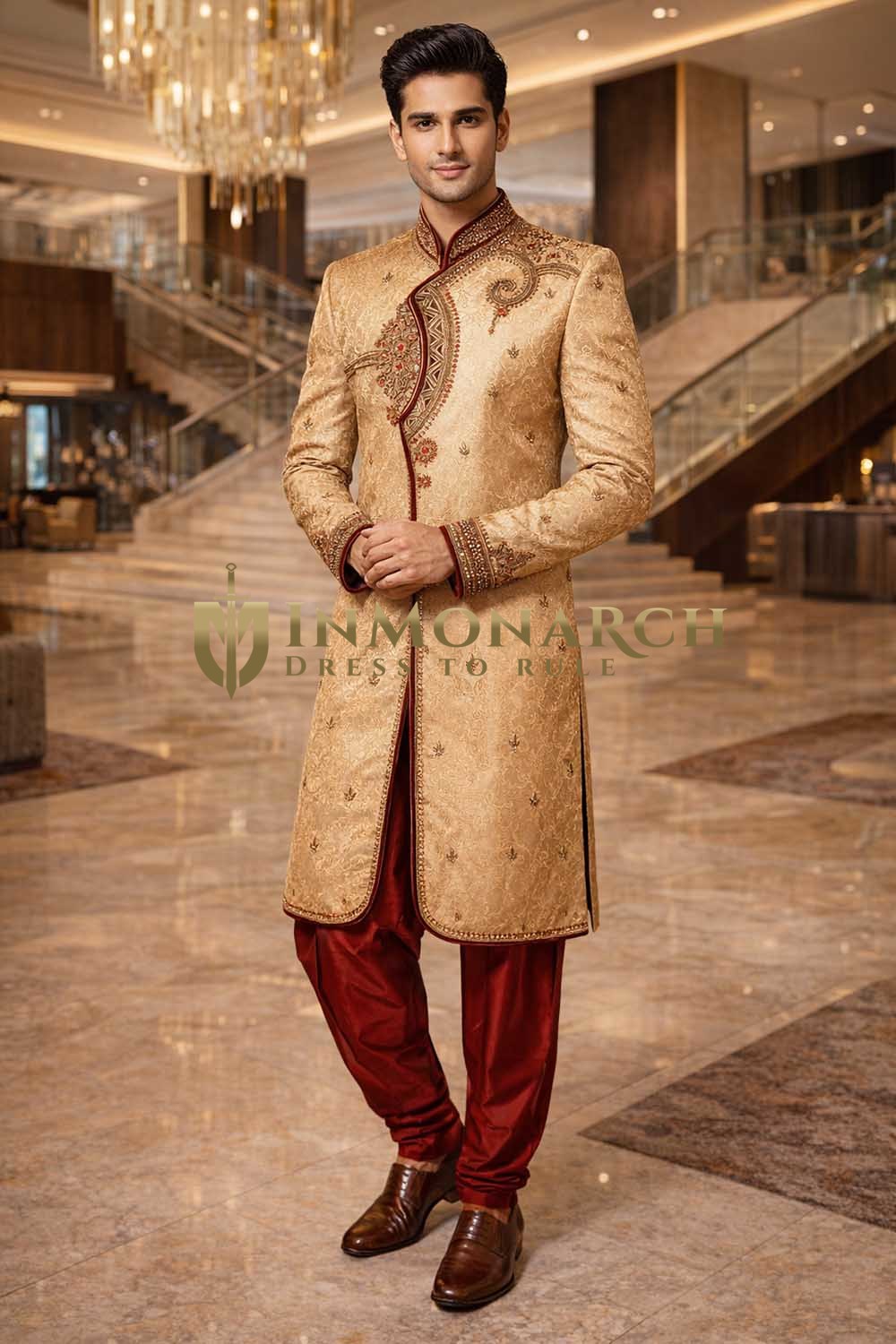 Mens Golden Indo Western Outfit Sherwani Wedding 2 Pc Red Churidar Set