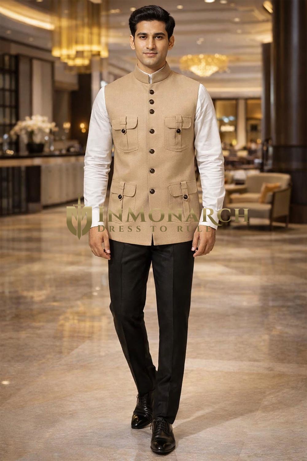 Mens Tan Safari Nehru Vest Waistcoat 1 Pc Wedding Casual Formal Outfit