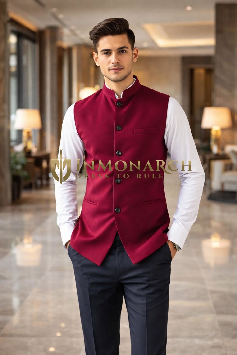Chaleco Nehru rojo indio elegante