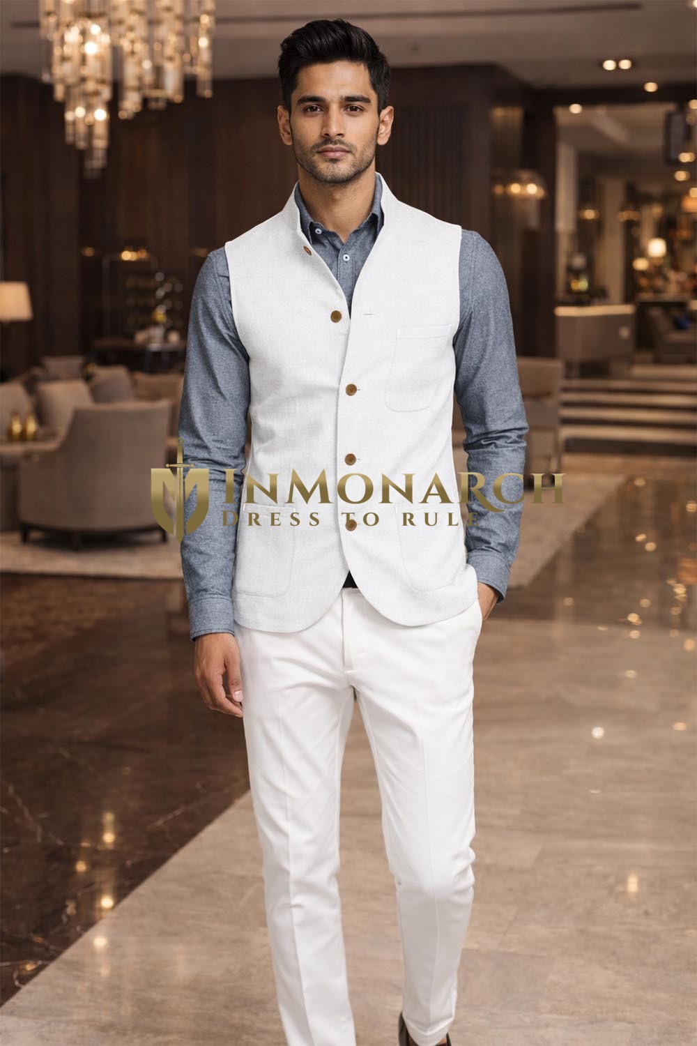Chaleco Nehru lino blanco hombre