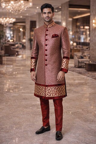 Sherwani burdeos real con terciopelo