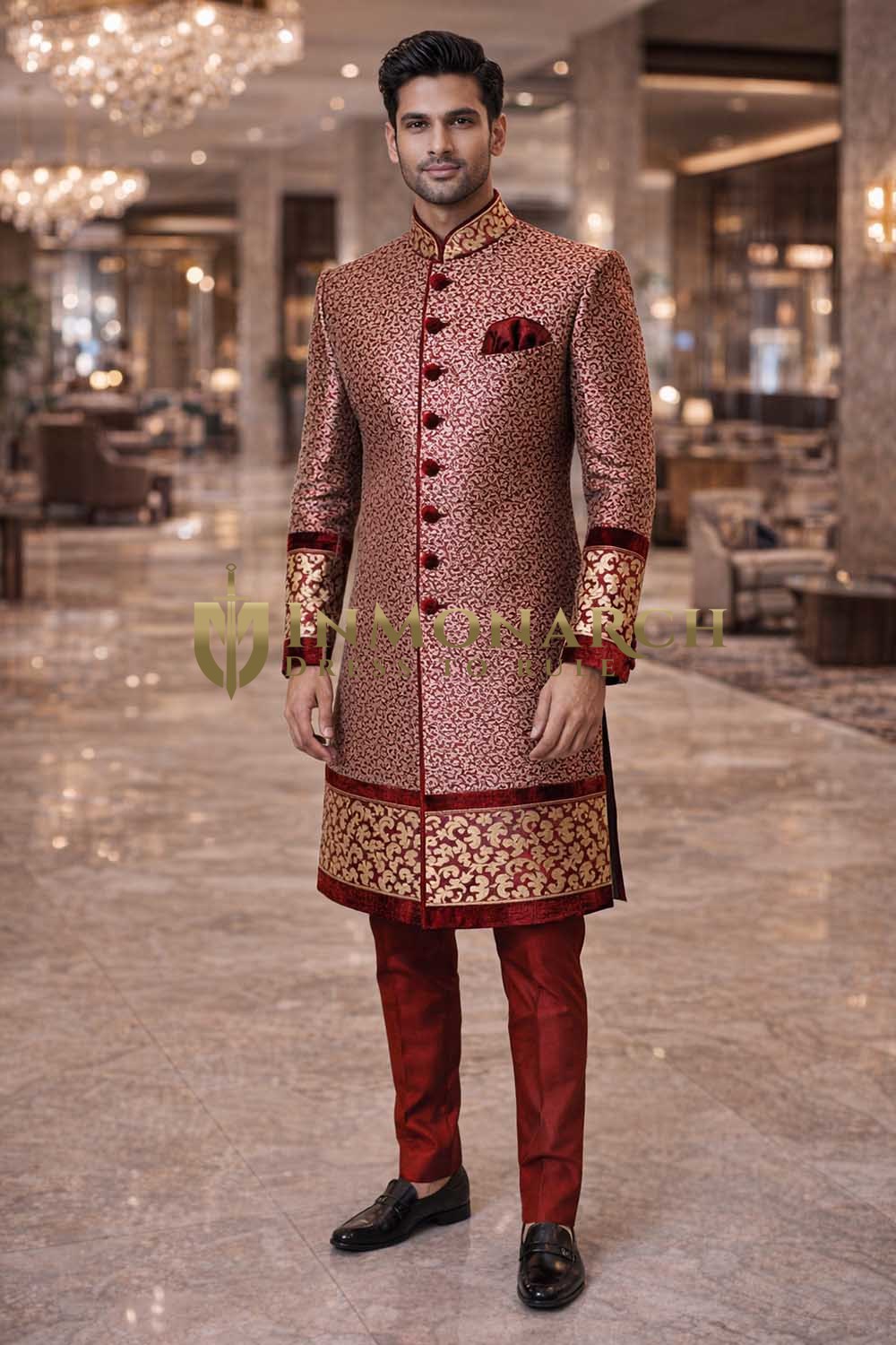 Mens Maroon Indo Western Outfit 3 Pc Suit Groom Wedding Designer Wear Set