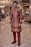 Mens Maroon Indo Western Outfit 3 Pc Suit Groom Wedding Designer Wear Set