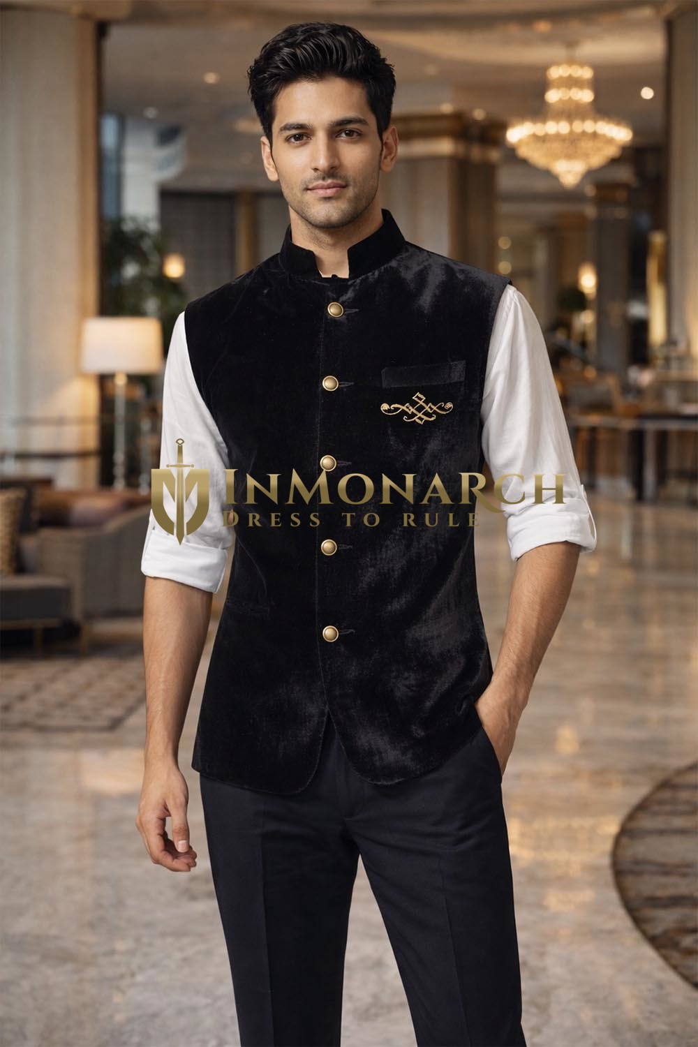 Gilet Nehru velours noir brodé