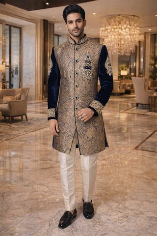 Sherwani dorado azul boda real hombre