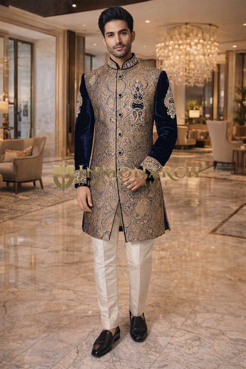 Mens Gold Blue Indo Western Outfit 2 Pc Suit Groom Wedding Designer Set