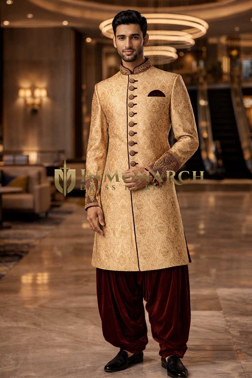 Mens Beige Indo Western Outfit 3 Pc Suit Groom Wedding Designer Salwar