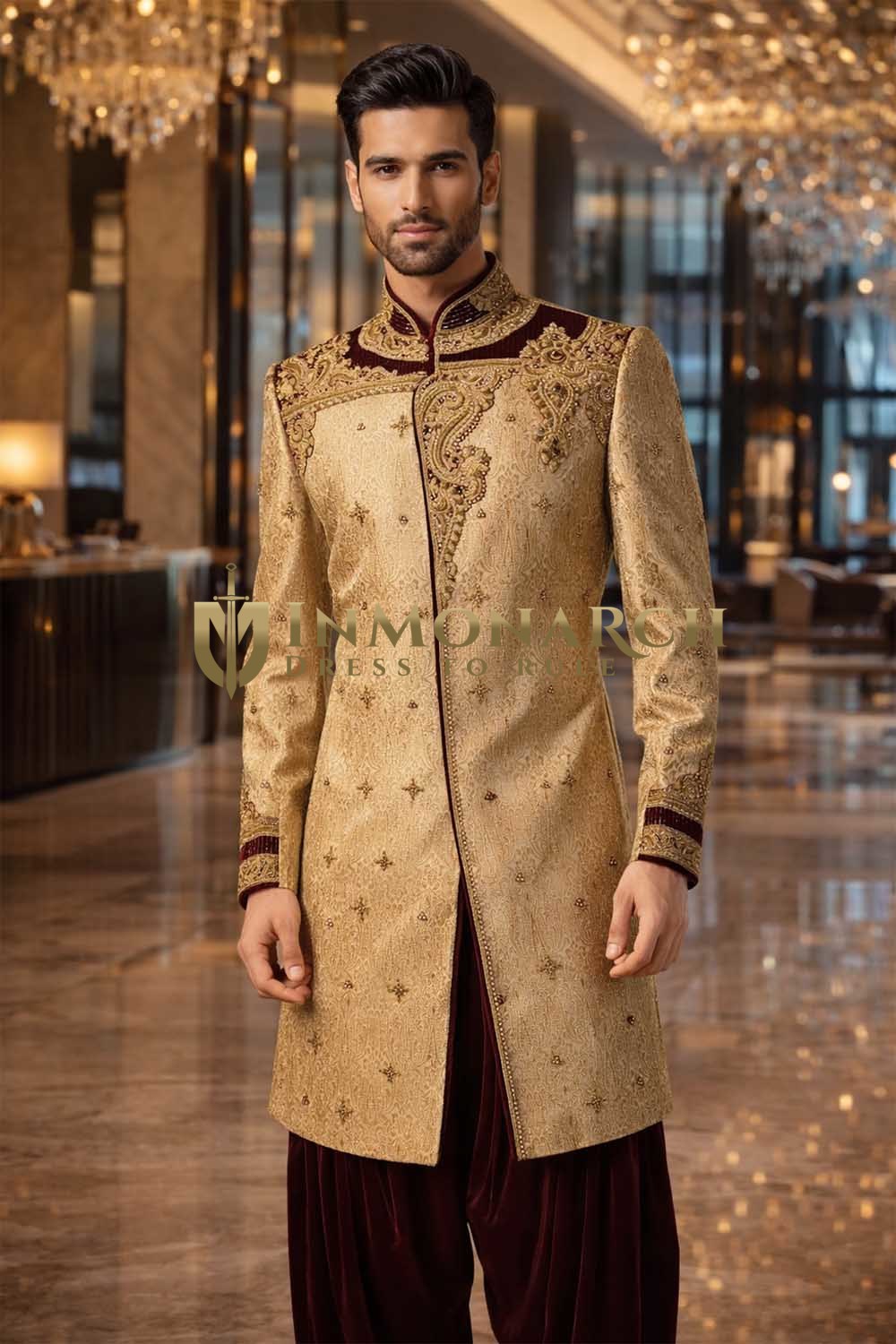 Mens Bisque Indo Western Outfit 2 Pc Suit Groom Wedding Designer Salwar