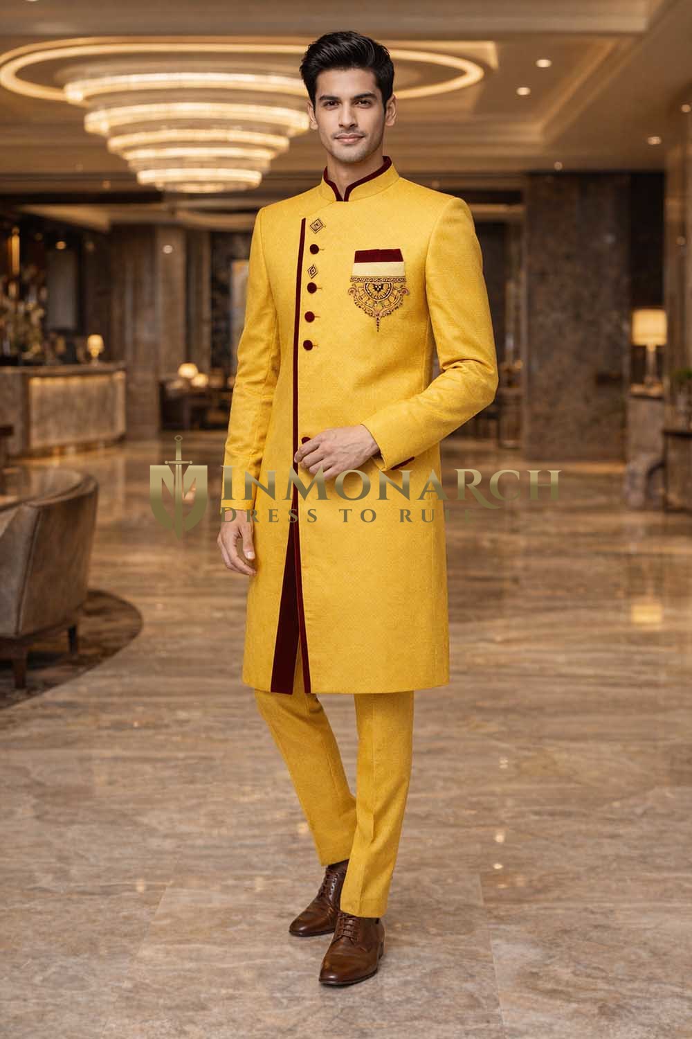 Mens Yellow Indo Western Outfit 3 Pc Suit Groom Wedding Designer Set Wear