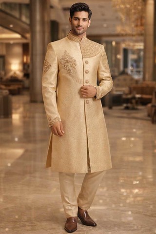 Traje indo occidental dorado diseño real hombre