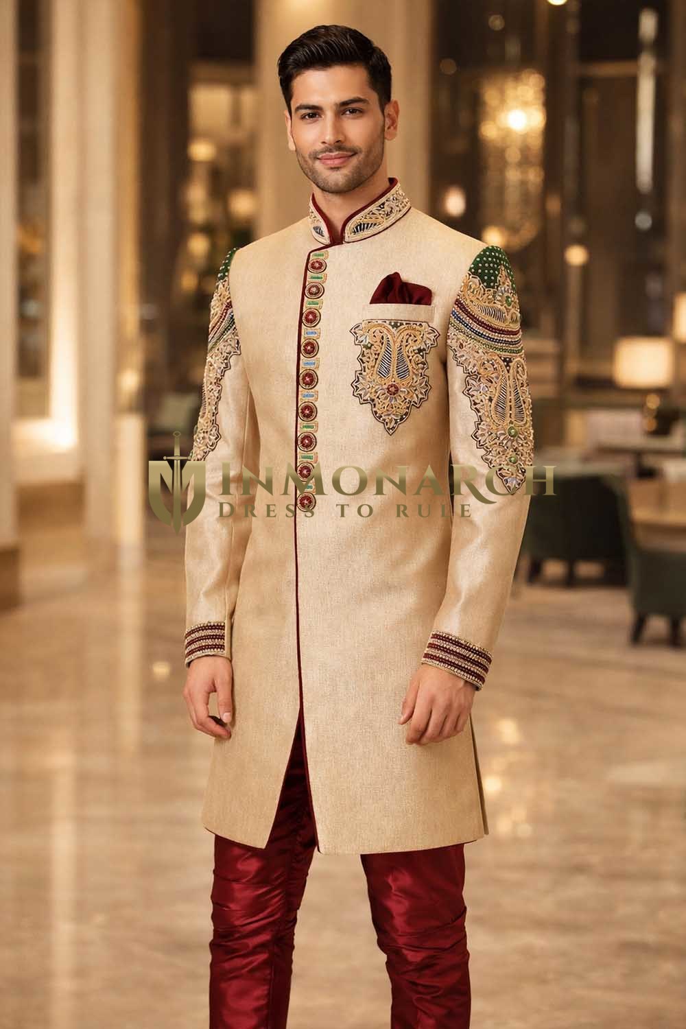 Tenue indo occidentale brodée beige avec pyjama bordeaux