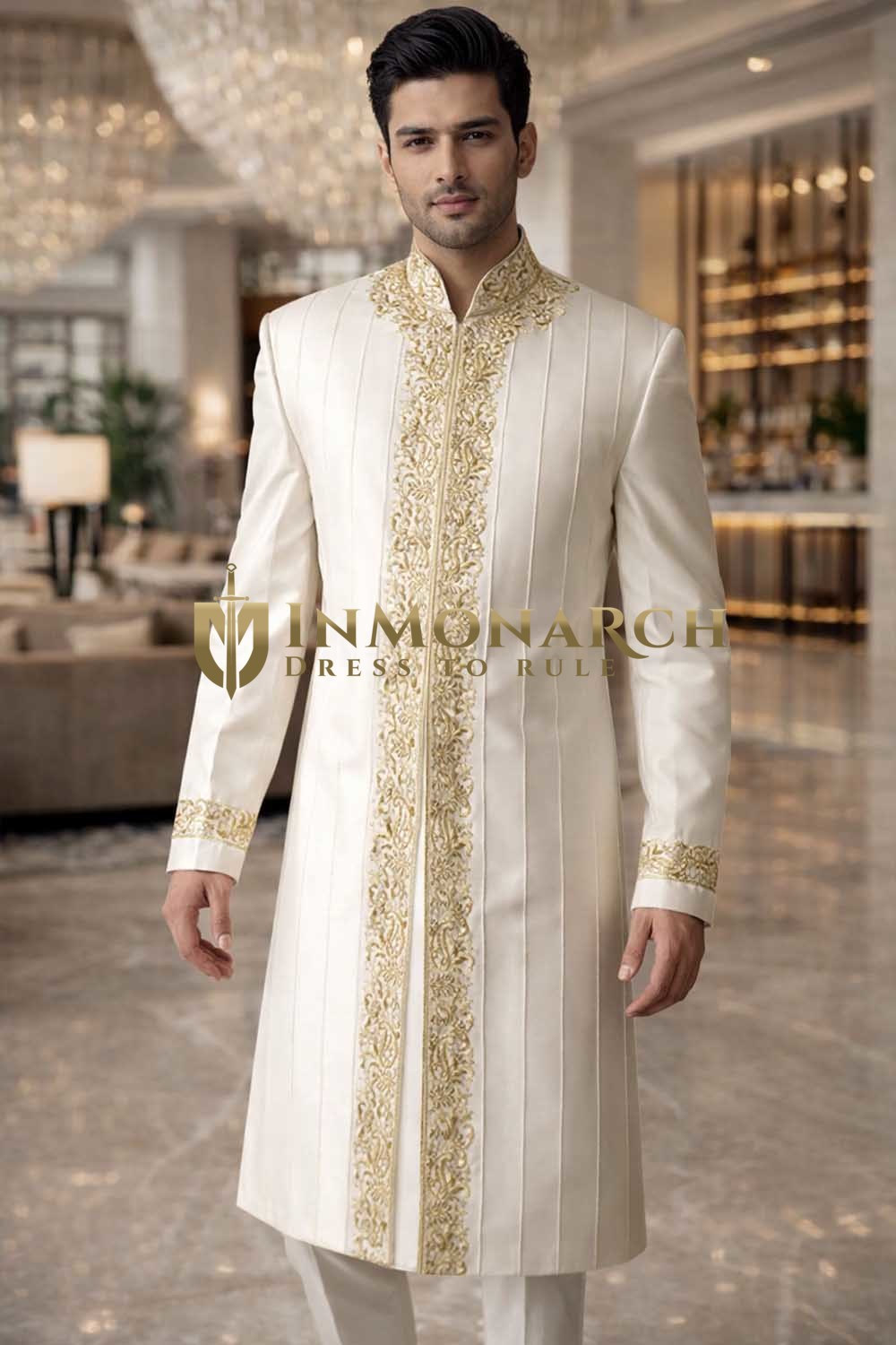 Mens Cream Indo Western 2 Pc Suit Nehru Collar Groom Wedding Outfit Set