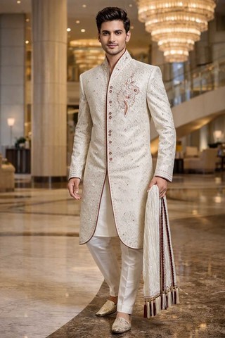Traje indo occidental crema cuello alto bordado