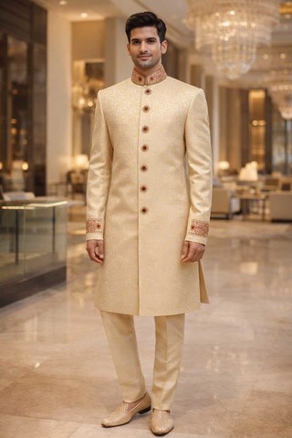 Traje indo occidental amarillo claro cuello Nehru