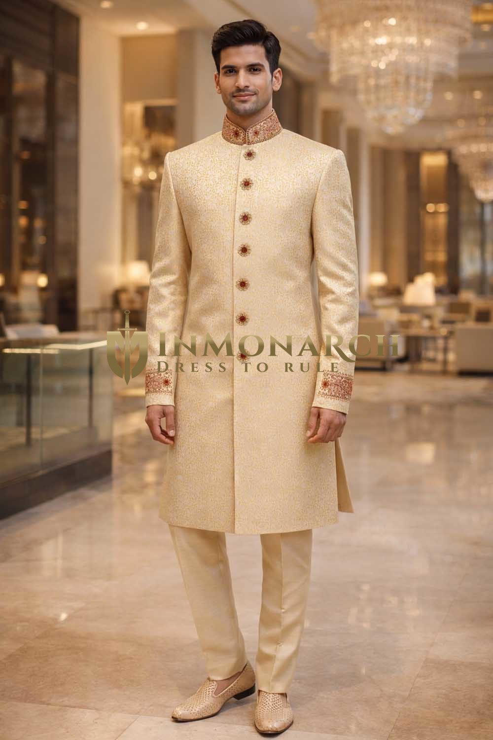 Mens Light Yellow Indo Western 2 Pc Suit Nehru Collar Wedding Outfit Set