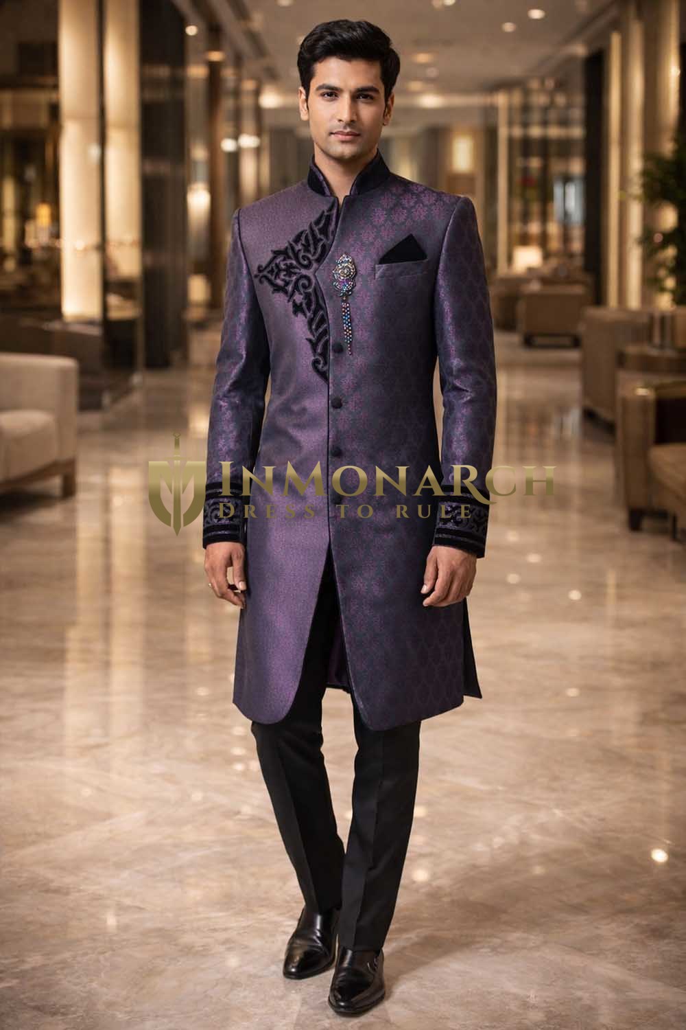 Mens Purple Indo Western 4 Pc Suit Nehru Collar Groom Wedding Outfit Set