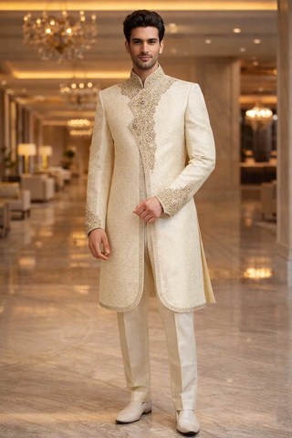Sherwani court crème brodé pour marié