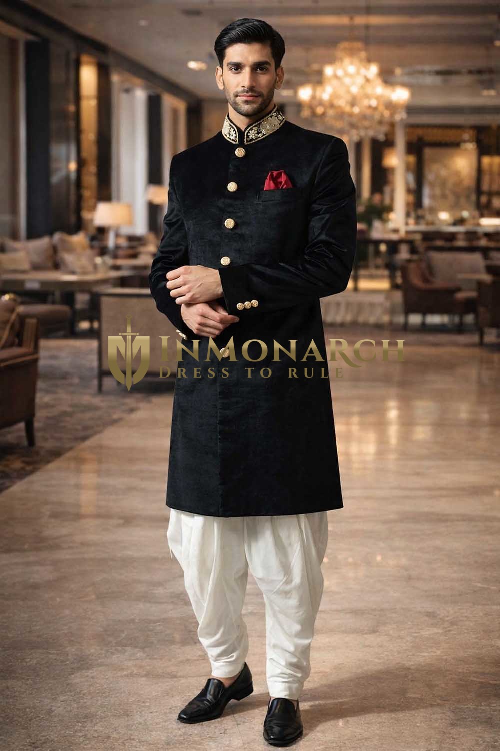 Mens Black Velvet Indo Western Outfit 3 Pc Groom Wedding Designer Wear Formal Set