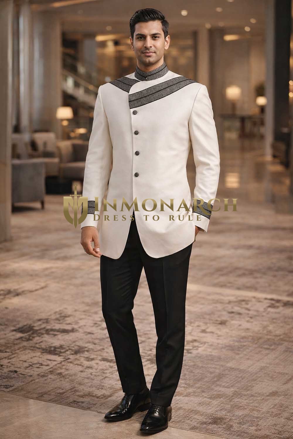 Mens Cream Indo Western Outfit 2 Pc Reception Designer Style Wear Wedding Set Look