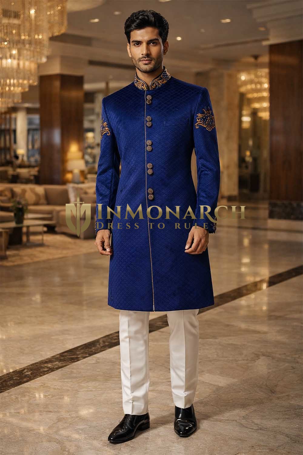 Mens Blue Velvet Indo Western Outfit 2 Pc Groom Wedding Designer Ethnic Set