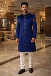 Mens Blue Velvet Indo Western Outfit 2 Pc Groom Wedding Designer Ethnic Set