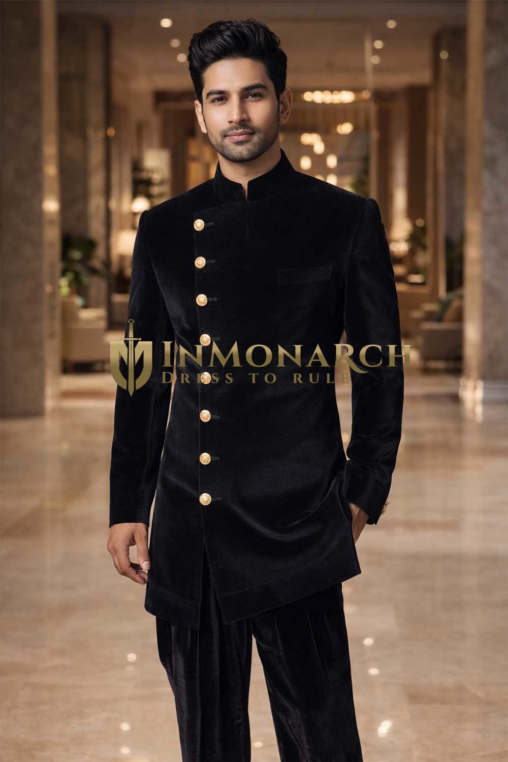 Mens Black Velvet Indo Western Outfit 2 Pc Groom Wedding Formal Designer Set