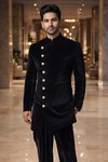 Mens Black Velvet Indo Western Outfit 2 Pc Groom Wedding Formal Designer Set