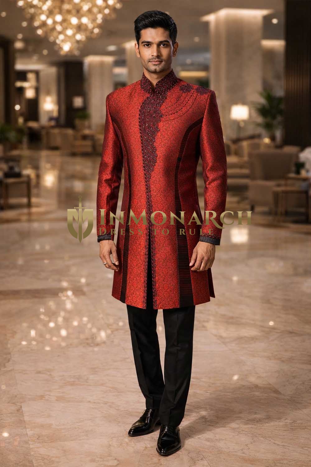 Mens Dark Red Indo Western Outfit 2 Pc Groom Wedding Designer Ethnic Wear Set