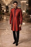 Mens Dark Red Indo Western Outfit 2 Pc Groom Wedding Designer Ethnic Wear Set