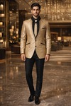 Elegante traje esmoquin dorado hombre