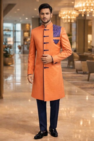 Traje indo occidental bordado azul hombros