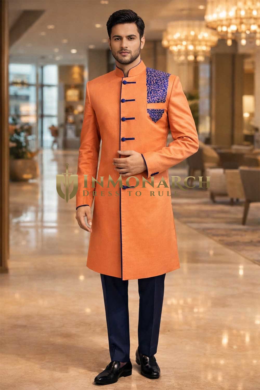 Mens Orange Indo Western Outfit 2 Pc Groom Wedding Designer Party Wear Set