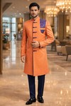 Mens Orange Indo Western Outfit 2 Pc Groom Wedding Designer Party Wear Set