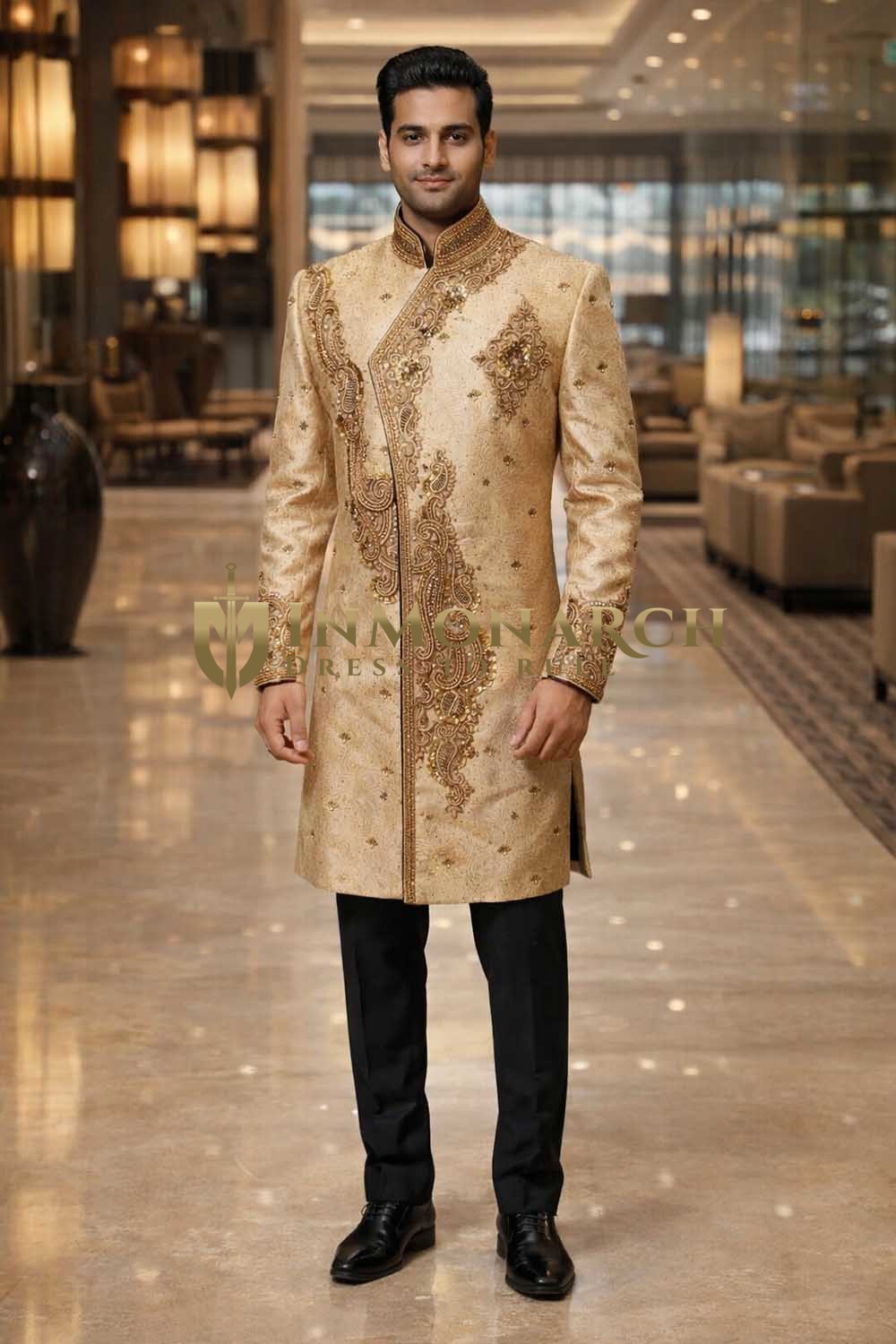 Mens Burlywood Sherwani for Groom Wedding Embroidered Designer Outfit